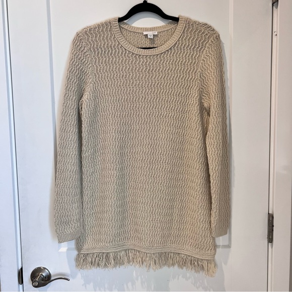 J. Jill Boho Cream Sweater Tunic with Fringe Cotton Blend Size Medium - Picture 2 of 7
